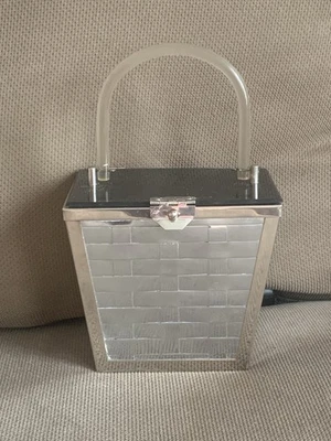 Bolso Cartera Vintage Etra Mid-Century Noche Cóctel Cromo y Lucite Tejido Cesta Foto 1 de 4