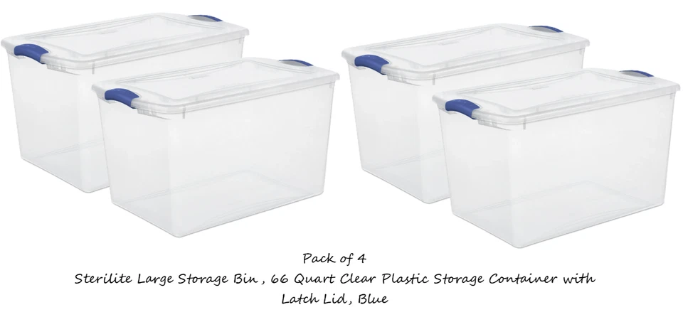 66 cuartos Caja de almacenamiento de pestillos de esterilito de plástico transparente, pestillos azules con tapa transparente Foto 1 de 1