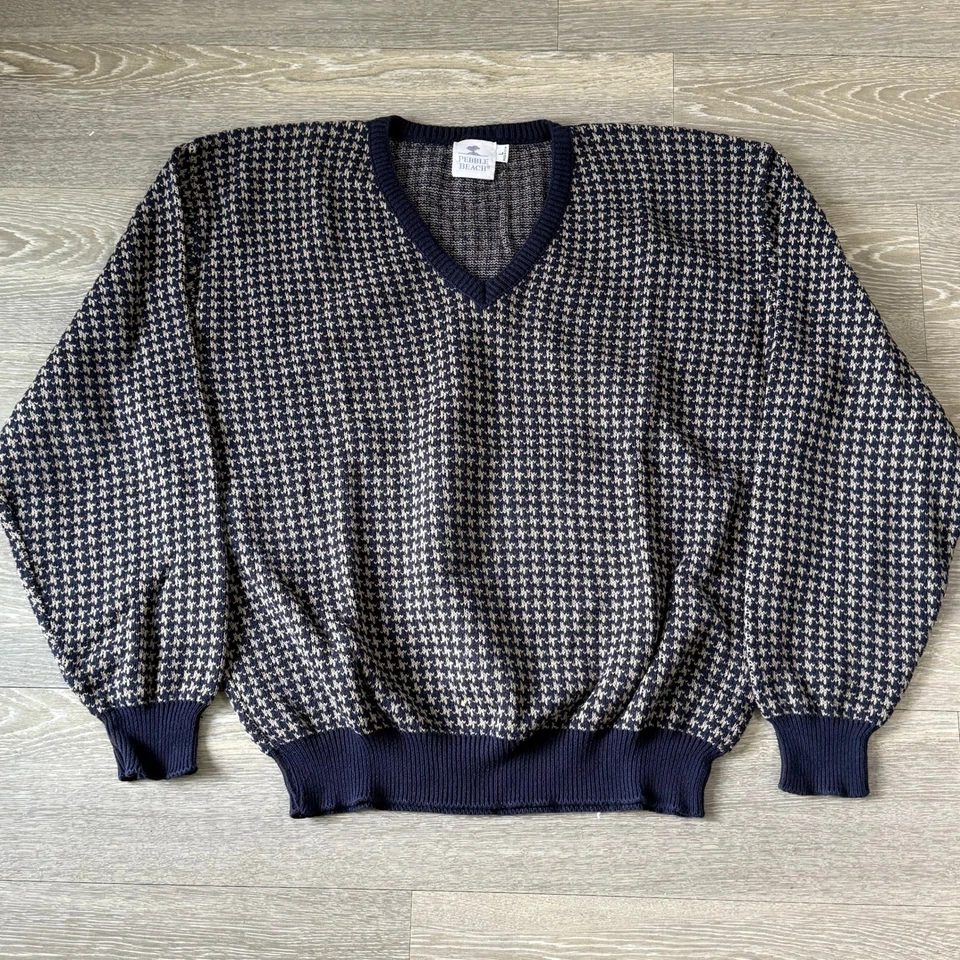 Suéter de golf vintage Pebble Beach pata de gallo cuello en V para hombre largo azul marino/beige preppy Foto 1 de 4