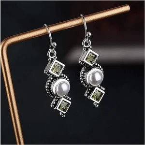 Vintage Design Silver Pearl Square Olive Green Peridot Dangle Hook Earring - Picture 1 of 12