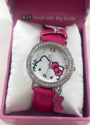 Sanrio Hello Kitty Watch Hot Pink Silver Rhinestone/Crystal Bow Charm Watch NWT - Image 1 of 4