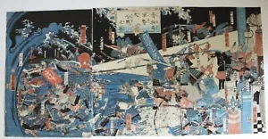 ORIGINAL JAPANESE WOODBLOCK PRINT BATTLE FISH VS VEGITABLES SAMURAI HIROKAGE - Picture 1 of 11