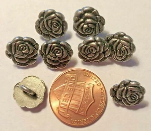 8 Small Antiqued Silver Tone Metal Shank Buttons 7/16" 11mm Rose Flower 9546 - Picture 1 of 1