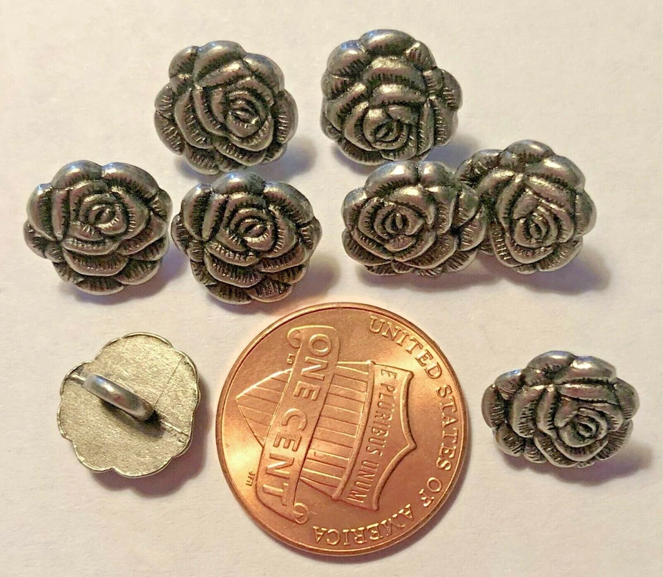 8 Small Antiqued Silver Tone Metal Shank Buttons 7/16" 11mm Rose Flower 9546 - Image 1 of 1