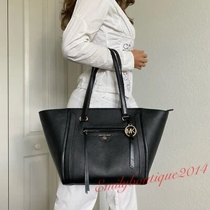 NWT Michael Kors Carine Medium Pebble Leather Black Tote Shoulder Zip Bag - Picture 1 of 11