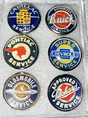 Set of 6 Handmade Glass Dome Vintage Auto Logo  (6 different) Picture Buttons #1 - Image 1 of 4