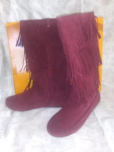 Neu Burgunderrot Mokassin Fransen Flach Stiefel Halbhoch Kniehoch 3-lagig mit Reißverschluss Gr. 9 - Bild 1 von 8