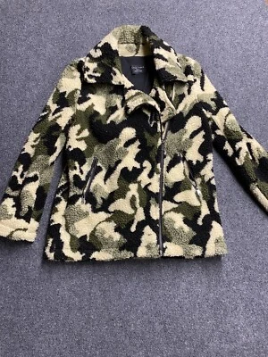 Womens Love Tree Fleece Sherpa Camo Print Pea Coat Jacket Size Small Green Black - Image 1 of 4
