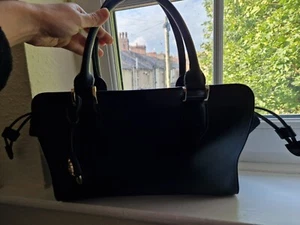 Black Faux Leather Satin Drawstring Tote Shoulder Grab Bowling Bag π Perfect Co - Picture 1 of 16