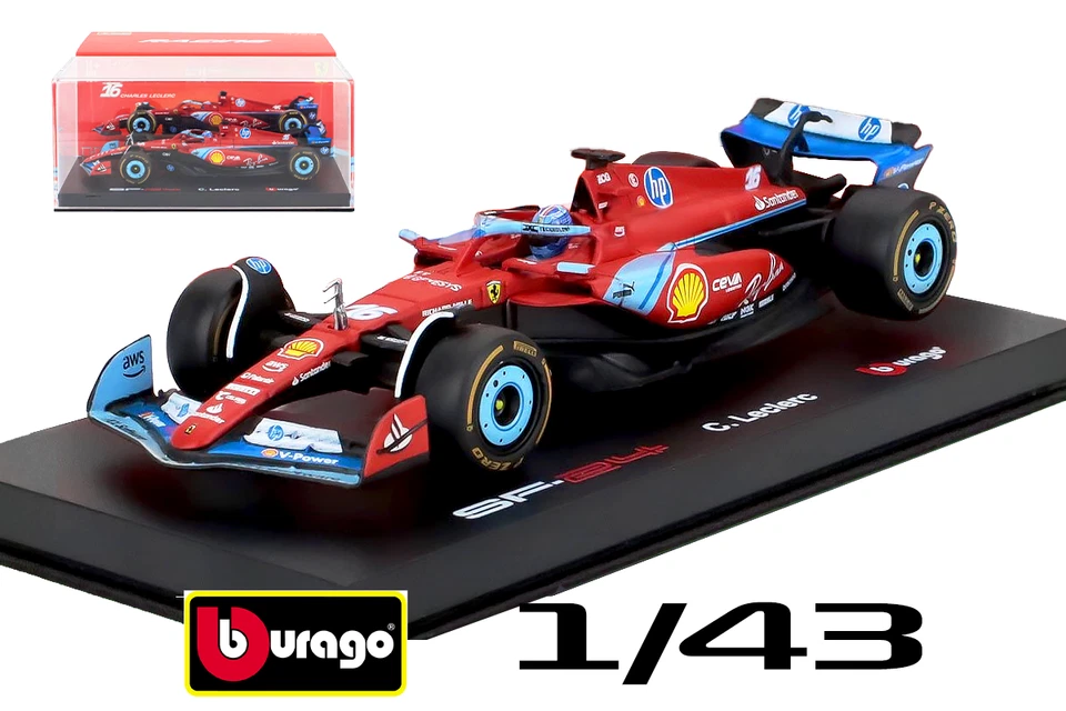 Ferrari SF-24 Miami 2024 Charles Leclerc 1/43 Burago con pilota e vetrina - Immagine 1 di 2