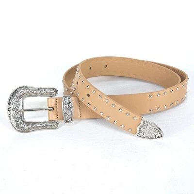 Cinturón Western Plateado Floral Hebilla Para Mujer 36" Tostado Cuero Tachonado Estilo Vaquera Foto 1 de 4