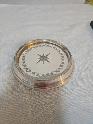 Vintage Silver Rimmed Starburst Etched Mirror Glass Wine Bottle Coaster 5" - Image 1 of 4