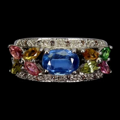 Кольцо из стерлингового серебра 925 пробы с овальным кианитом 7x5 мм сапфиром турмалином драгоценным камнем размер 6,5 - Изображение 1 из 4