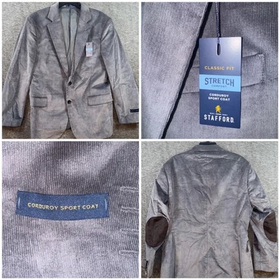 Stafford Mens Classic Fit Gray Corduroy Sport Coat Blazer Jacket Sz 44S NEW - Image 1 of 4