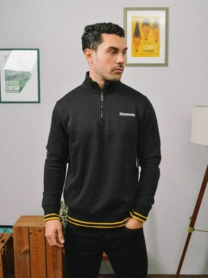 Lambretta Mens Black Gold Tipped Quarter Zip Sweatshirt - Image 1 of 4