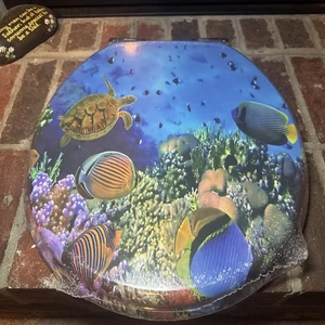 Sedile WC anteriore chiuso rotondo serie Ocean 3D pesce blu corallo tartaruga - Foto 1 di 5