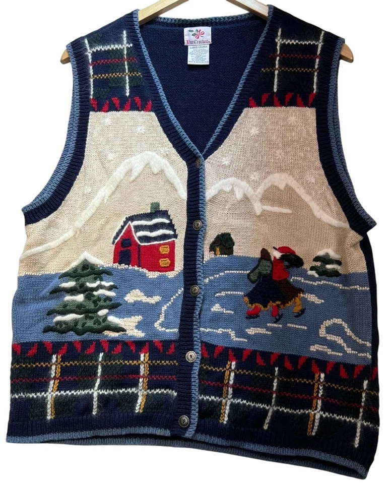 Cascanueces Mujer Navidad Botón Frontal Suéter Chaleco Elástico Talla L Beige Azul Foto 1 de 4