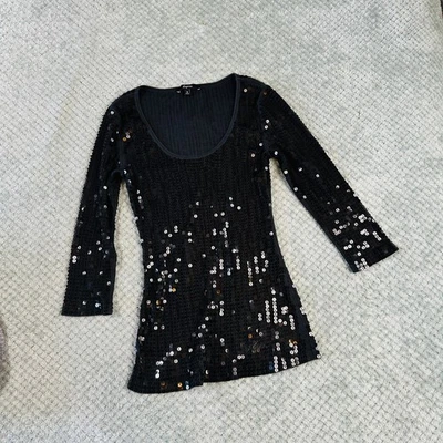 De colección Y2k Negro Lentejuelas Cuello Redondo Babydoll Coqueta Manga Larga Express Ibiza  Foto 1 de 4