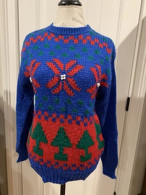 Suéter de Natal vintage ADELL BARRE tricô manual anos 80 férias azul/vermelho/verde tamanho G - Imagem 1 de 4