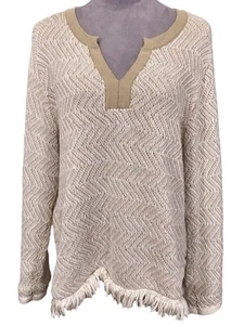 Coldwater Creek Fringe Sweater Womens PL Boho Chic Minimalist Chunky Knit Vneck - Picture 1 of 8