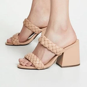 NEW SCHUTZ Size 8 Elida Braided Leather Chunky Heel Slide Sandals Honey Beige  - Picture 1 of 9