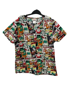 Christmas Scrub Top Rudolph  Red Nosed Reindeer Santa Frosty Black Medium Shirt - Picture 1 of 3