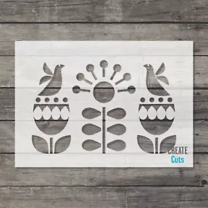 Scandi style STENCIL Folk motifs Tulip flower birds Scandinavian wall decor - Picture 1 of 1