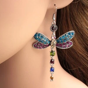 Multicolor Rainbow Dragonfly Colorful Dangle Earrings Silver Tone, Radiant - Picture 1 of 3