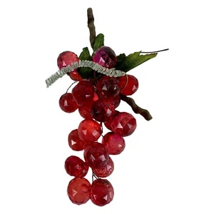 Lucite Faceted Grapes Cluster Vintage 60s 70s MCM Vibrant Red Beads Leaves Stem - Picture 1 of 13