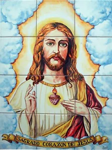 Sagrado Corazón de Jesús 45x60cm. Spanish Handmade Majolica Tile Panel 18"x 24" - Imagen 1 de 2