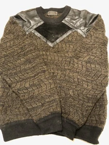 VTG 80'S SAXONY Mens Brown With Black Leather Sweater - Picture 1 of 9