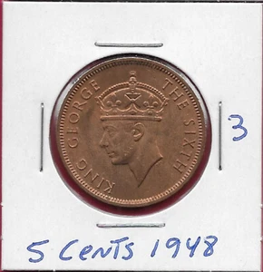 SEYCHELLES 5 CENTS 1948 AU-UNC KING GEORGE VI FACING LEFT,VALUE WITHIN BEADED CI - Imagen 1 de 2