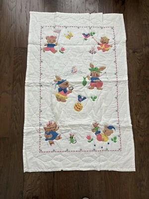 Handmade Machine Sewn  Embroided Baby Quilt 55 x 36 Bunnies Teddy Bears - Image 1 of 4