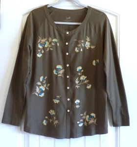 Camicia blusa J. Jill donna verde ricamata L/S top con bottoni taglia M - Foto 1 di 4