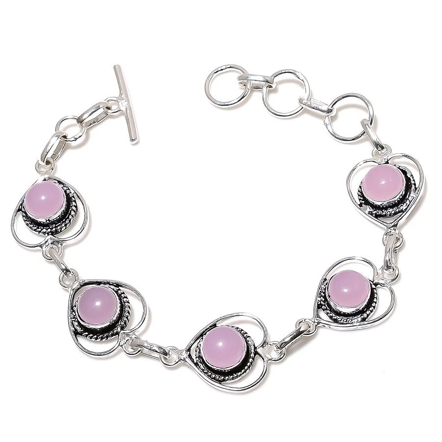 Brazalete de joyería de plata de ley 925 hecho a mano con piedras preciosas de cuarzo rosa talla 7-8" Foto 1 de 1
