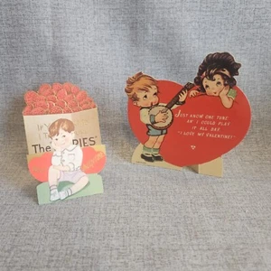 2 Valentine Cards Boy & Girl Banjo Just Know One Tune Boy Berries 1930s USA made - Picture 1 of 13