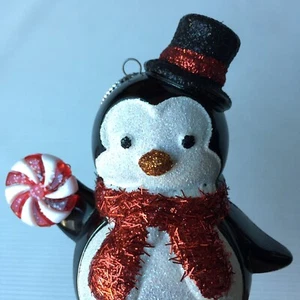 Pinguin Weihnachtsschmuck hängend glitzernd Kunststoff Zylinder Hut Pfefferminz Süßigkeiten - Bild 1 von 12