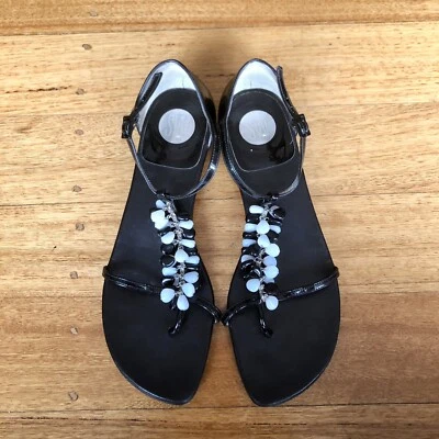 Stuart Weitzman Black Leather Strappy Beaded Flat Sandals, Size 40 EU - Image 1 of 4