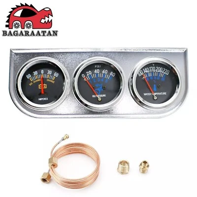 Chrome 2'' 52mm Mechanical Triple Gauge Set Oil Pressure Water Temp AMP Meter - Image 1 of 4
