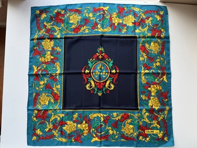 [Como Nuevo] CELINE Bufanda de Seda 34"x34" Auténtico Azul Marino Dorado Cian Rojo Foto 1 de 4