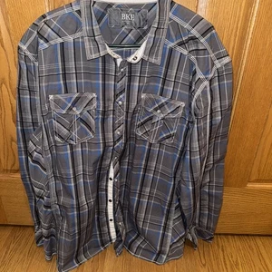 Camisa BKE Para Hombre 3XL AJUSTE ATLÉTICO Botón a Presión Western Gris Azul Cuadros LS Hick - Imagen 1 de 11