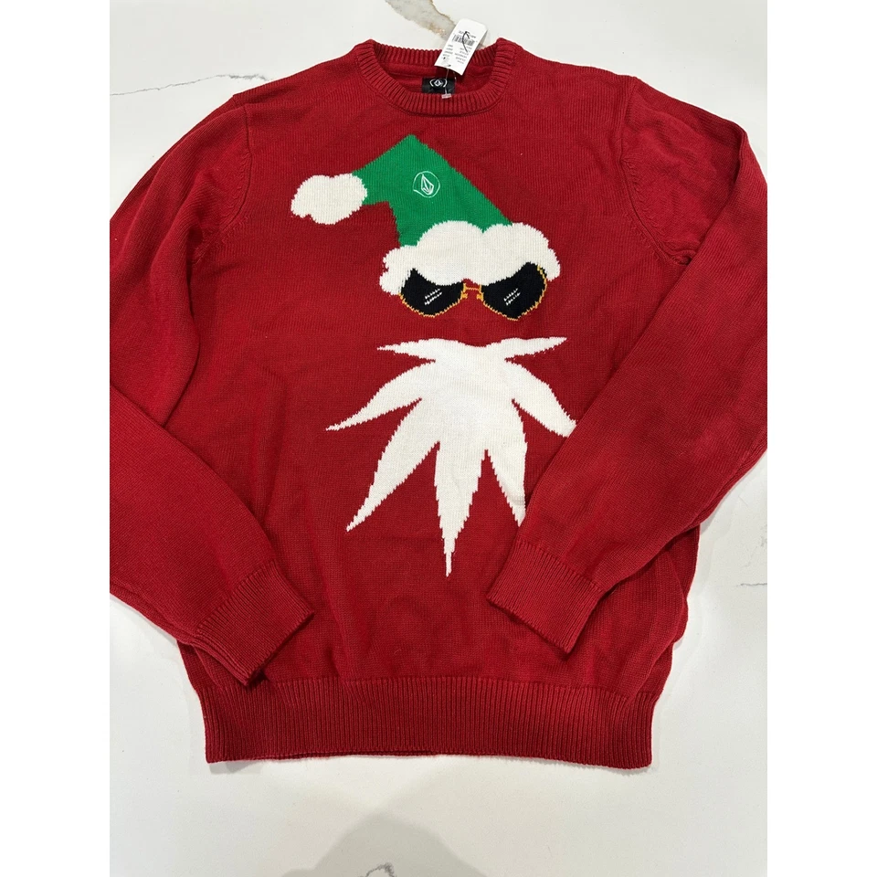 Volcom Mens Red Christmas Sweater Santa Hat Sunglasses Beard Ugly Holiday Knit M - Image 1 of 4