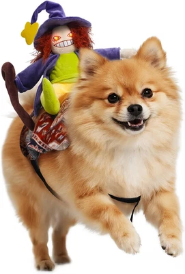Disfraces de Halloween para perro de equitación de bruja, ilusión de Halloween jinete de mascotas - traje de perro con Foto 1 de 4