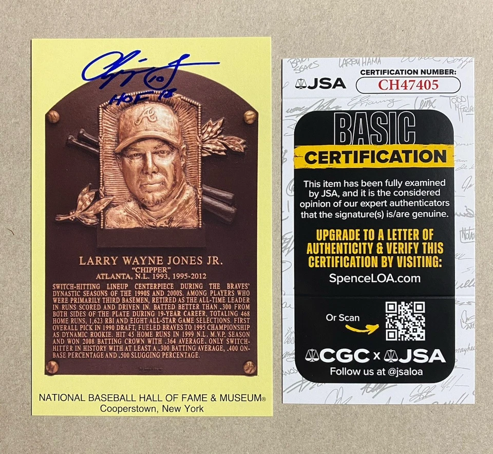 CHIPPER JONES AUTOGRAPH HALL OF FAME PLAQUE POSTCARD ATLANTA BRAVES- JSA CH47405 - Image 1 of 2
