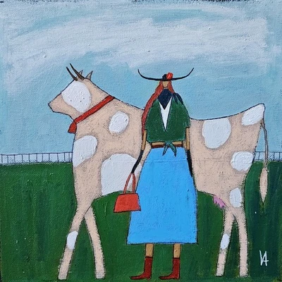 Painting Original Cowgirl Cow Portrait Canvas Outsider Whimsical 10x10 Art  - Image 1 of 4
