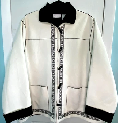 Alfred Dunner Women Ivory Black Faux Suede Nordic Jacket toggle Button 18 NWT - Image 1 of 4