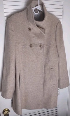 Wool Coat Larry Levine Neutral Oatmeal Colored Double Breasted Overcoat ~ Size L - Image 1 of 4