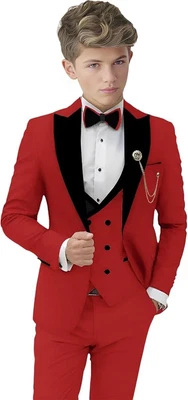 Conjunto de traje formal para niños Blazer de solapa de pico Chaqueta de esmoquin adolescente 3 piezas calce ajustado Foto 1 de 4