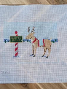 Stitch Style Reindeer and North Pole Sign (SS170D) w SG  Needlepoint Canvas - Picture 1 of 2