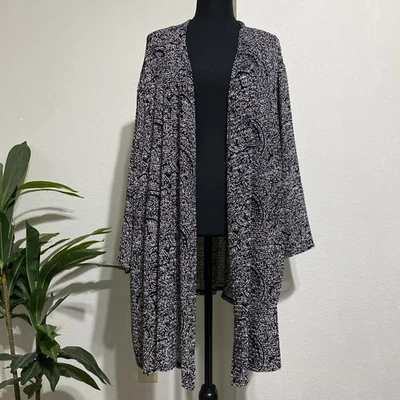 Catherines Open Cardigan 3X Black White 3/4 Slv Open Weave Light Flowy Stretch - Image 1 of 4